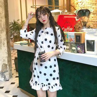 3/4-sleeve Polka Dot Buttoned Dress