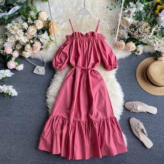 Tie-waist Cold-shoulder Shift Dress