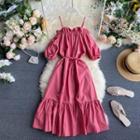 Tie-waist Cold-shoulder Shift Dress