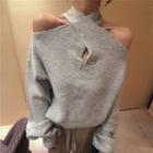 Long-sleeve Halter Cutout Plain Sweatshirt Gray - One Size