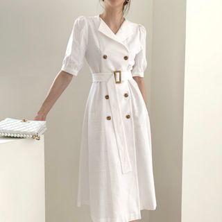 Double-breasted Puff-sleeve Dress