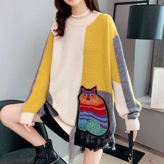 Cat Detail Color Block Sweater