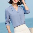 V-neck Elbow-sleeve Blouse / High Waist A-line Skirt
