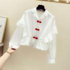 Frog-button Ruffle-hem V-neck Blouse