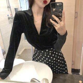 V Neck Velvet Long Sleeve T-shirt