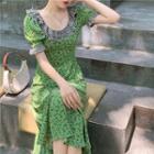 Short-sleeve Frill Trim Floral Print Midi Mermaid Dress