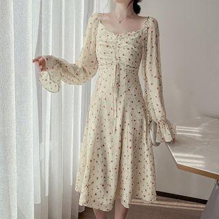 Puff-sleeve Floral Drawstring Long Dress