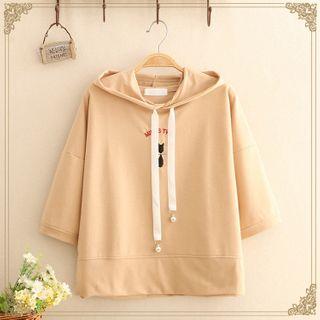 Cat Embroidered Hooded Short-sleeve Top