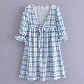 Bell-sleeve V-neck Plaid Mini A-line Dress