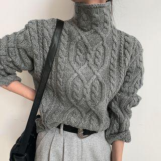 High-neck Linen Flower Long-sleeve Knit Sweater As Shown As Figure - One Size
