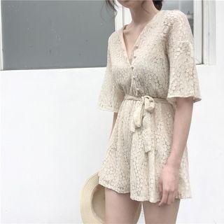Tie-waist Elbow-sleeve Lace Playsuit
