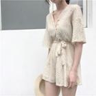 Tie-waist Elbow-sleeve Lace Playsuit
