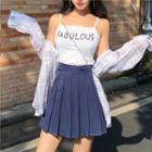 Set: Lettering Camisole Top + Plaid Shirt + High Waist Pleated Skirt