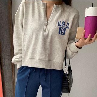 Zip Placket Printed Sweatshirt Melange Gray - One Size