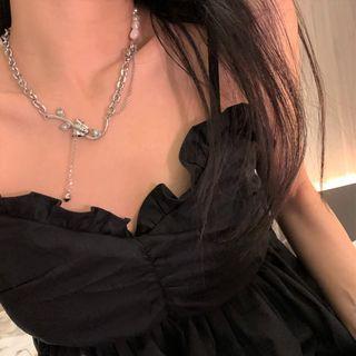 Floral Necklace 1pc - Silver & White - One Size