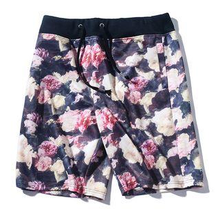 Couple Matching Floral Print Drawstring Shorts
