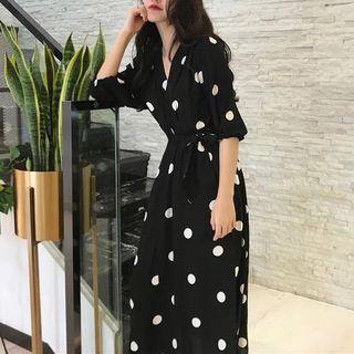 Elbow-sleeve Dotted Midi A-line Wrap Dress