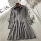 Long-sleeve Bow Accent Mini Knit A-line Dress