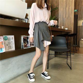 Set: Long Shirt + Pinstriped Asymmetrical A-line Skirt