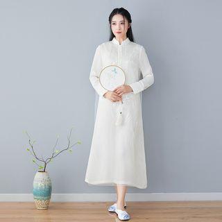Chinese Style Embroidered Long-sleeve Midi Dress
