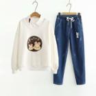 Set: Rabbit Print Sweatshirt + Straight-leg Jeans