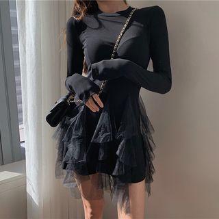Mesh-hem Long-sleeve Mini Dress Black - One Size