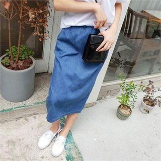 Flap-detail H-line Long Denim Skirt
