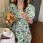 Puff-sleeve Floral Midi A-line Dress Floral - Green - One Size