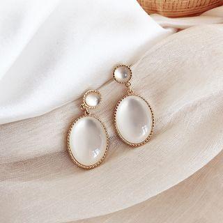Cat Eye Stone Oval Dangle Earring 1 Pair - White Cat Eye Stone - Gold - One Size