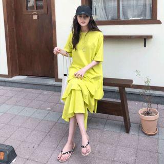 Elbow-sleeve Layered Maxi Dress