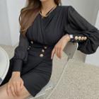 Metallic-button Mini Bodycon Dress Black - One Size
