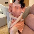 Short-sleeve Mini Plaid Knit Dress