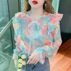 Long-sleeve Lace Bow Floral Ruffled Blouse