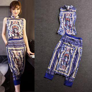 Set: Print Sleeveless Mandarin Collar Top + Print Baggy Pants