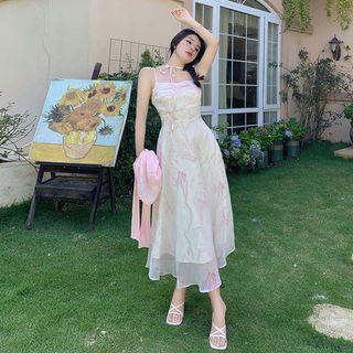 Spaghetti Strap Printed A-line Dress / Midi A-line Dress / Plain Cardigan