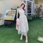 Spaghetti Strap Printed A-line Dress / Midi A-line Dress / Plain Cardigan