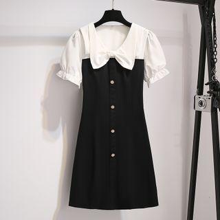Mock Two-piece Puff-sleeve Two-tone Dress