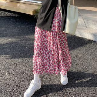 Floral Midi A-line Skirt 6483 - Floral - Rose Pink - One Size