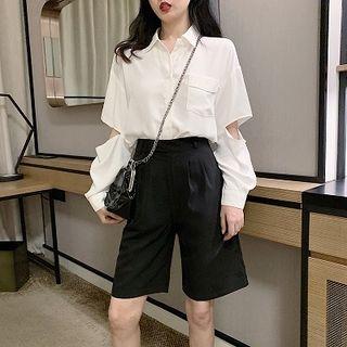 Plain Single-breasted Cut Out Long-sleeve Blouse / Plain High-waist Wide-leg Shorts