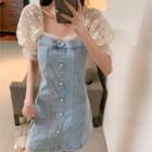 Puff-sleeve Mesh Panel Denim Mini A-line Dress