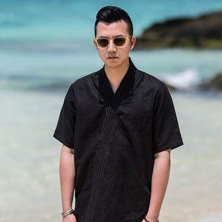 Chinese-style Striped V-neck T-shirt