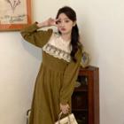 Stand-collar Lace Panel Corduroy Long-sleeve Dress
