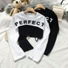 Set: Long-sleeve Lettering Cropped Top + Spaghetti Strap Cropped Top