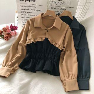 Mock Two-piece Long-sleeve Frill Trim Blouse