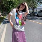 Elbow-sleeve Lettering T-shirt / Accordion Pleat Midi A-line Skirt