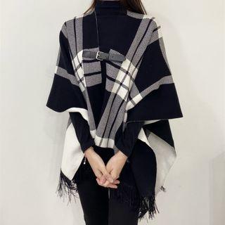 Plaid Fringed Poncho Black & Gray - One Size