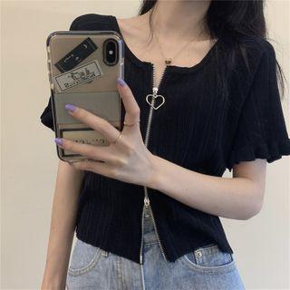 Short-sleeve Zip-up Ribbed Knit Top