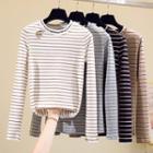 Long-sleeve Striped Lettering Embroidered T-shirt