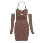 Cut-out Halter-neck Long-sleeve Mini Bodycon Dress