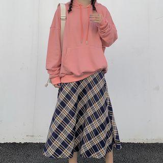 Logo Hoodie / Plaid Midi A-line Skirt